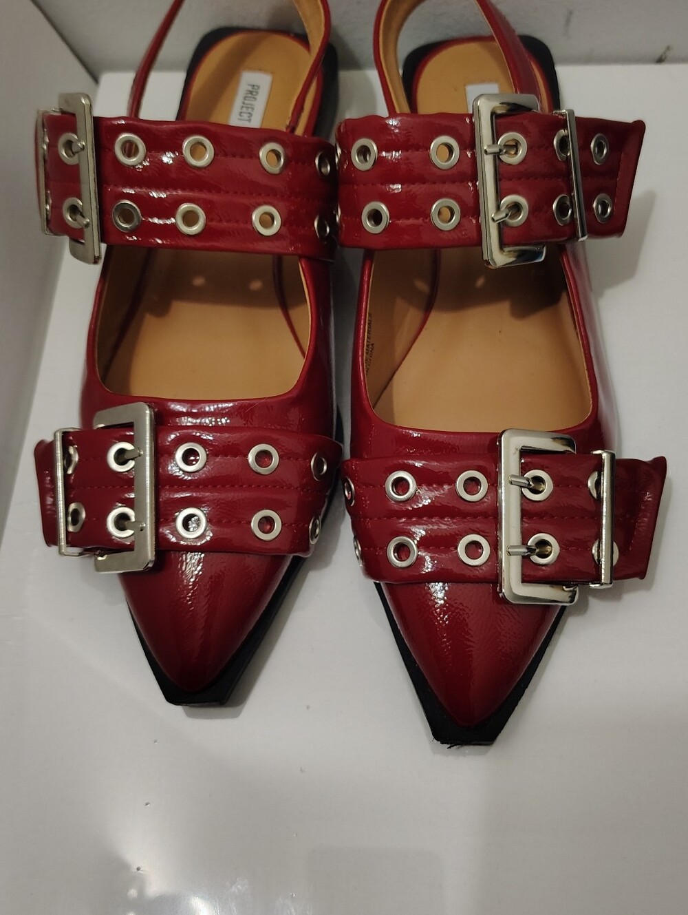 Red Patent Grommet Belt Shoes - Women Accessories